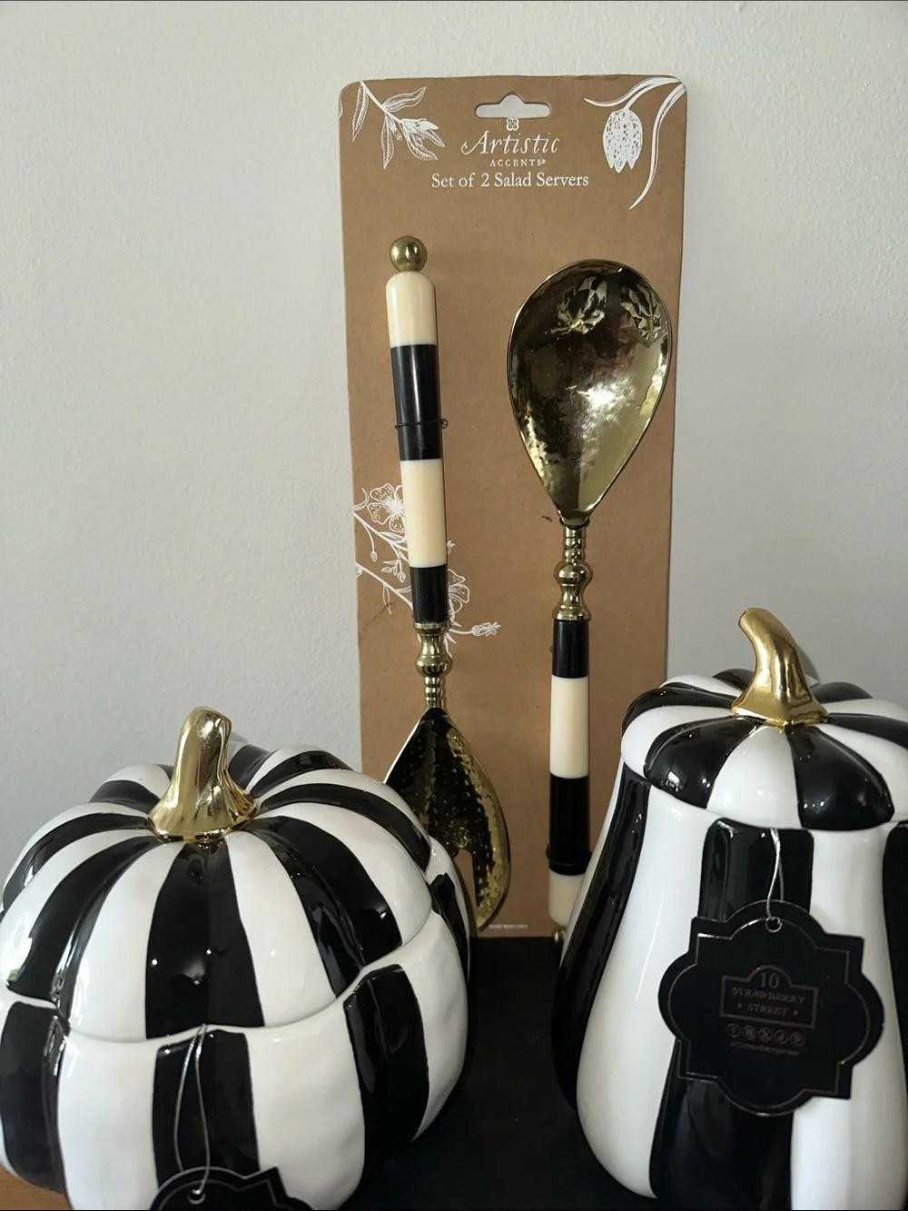 Black & White Striped Ceramic Pumpkin Canisters McKenzie Childs inspired